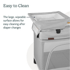 UPPAbaby Remi changing station rotates into storage for space-saving transitions.