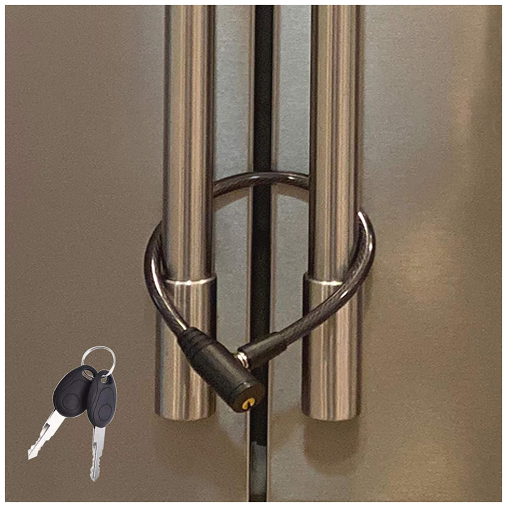Urban August fridge lock closeup shows durable, kid-safe security for kitchens.