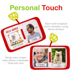 Urban Kiddy baby-safe mirror included for reflective play and self-recognition in a cloth book.