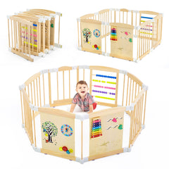 UREDISO wooden playpen, eight panels assembled, showcasing a sturdy, non-toxic play space for babies