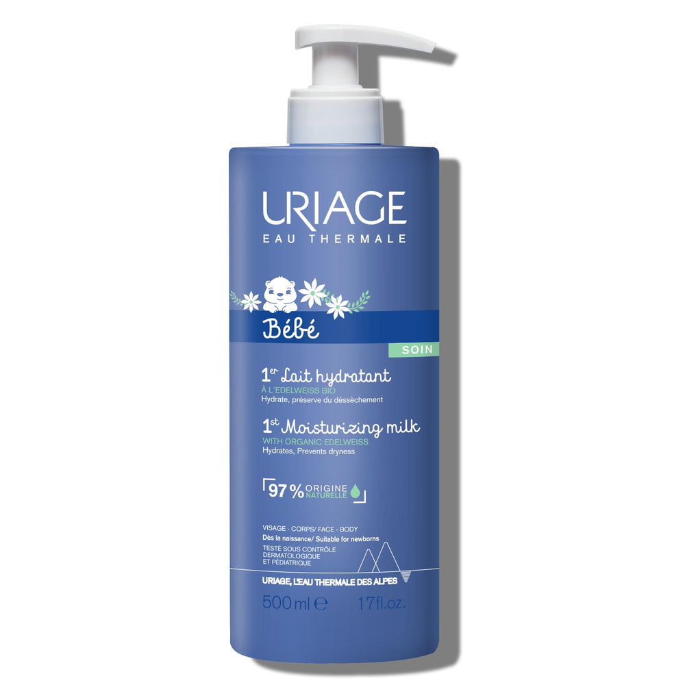 Uriage Baby 1st Moisturizing Cream 500ml tub with edelweiss and shea butter for gentle hydration.