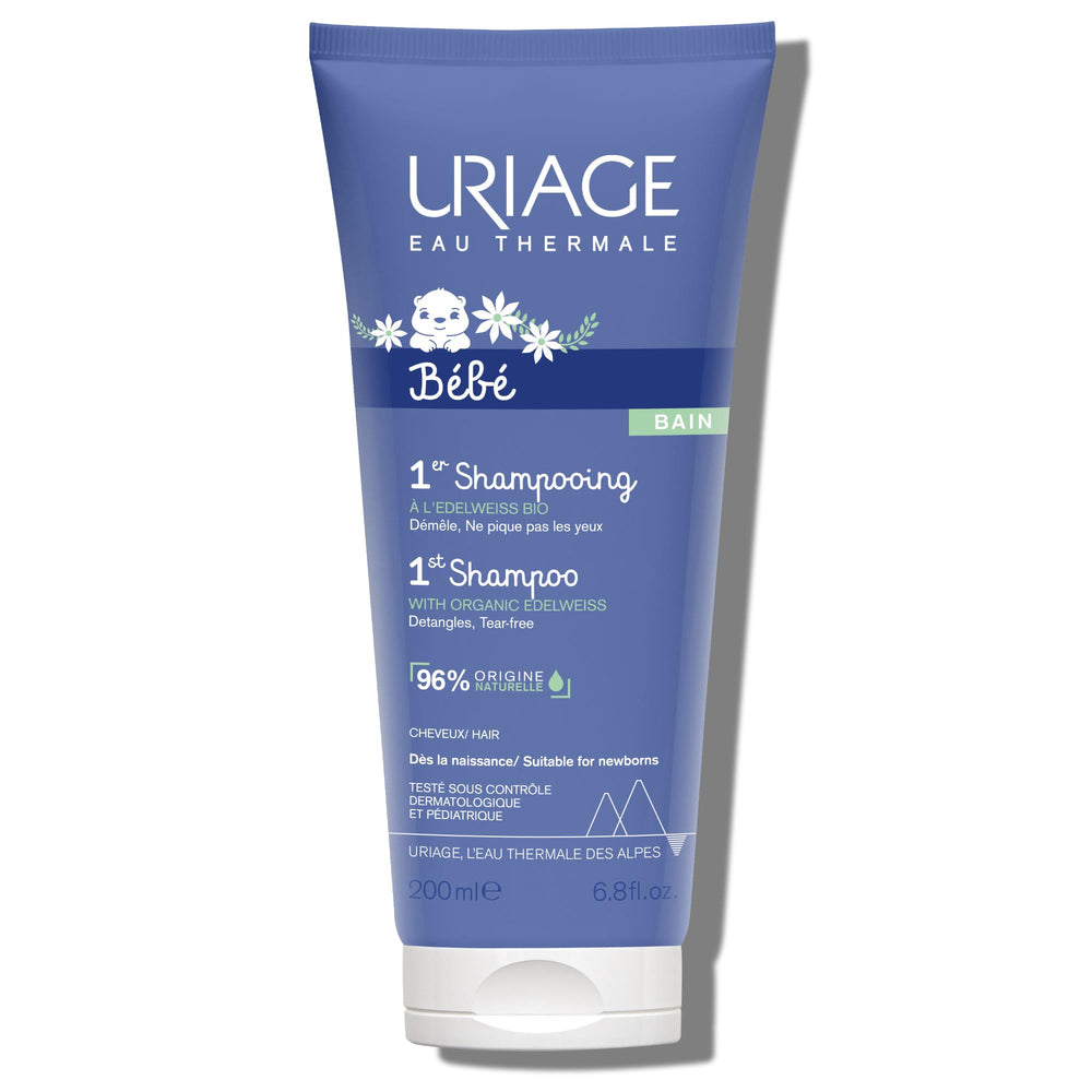 Uriage Baby 1st Shampoo organic Edelweiss bottle demonstrates gentle cleansing for delicate hair.