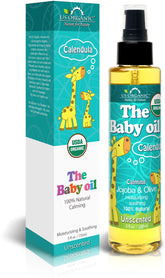 US Organic Baby Oil bottle-front shows unscented formula for gentle baby skin.