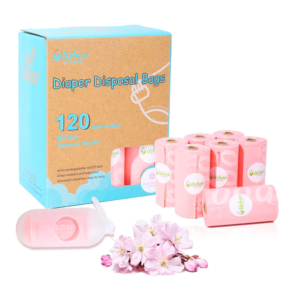USBOO cherry blossom diaper bags in pink roll for eco-friendly diaper disposal.