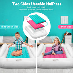 USHMA travel bed showing mint-green and pink reversible colors for routines.