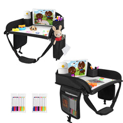 UTOLLOVE kids travel tray on car seat with organized snack and toy storage for road trips.