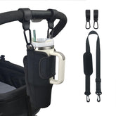 UXIETIN stroller cup holder attached to a stroller handle for easy Stanley cup access.