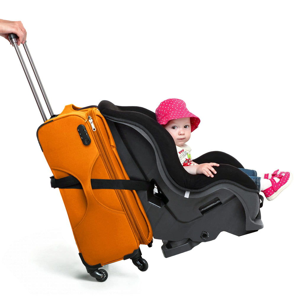 V VOLKGO car seat travel belt in use to attach seat to suitcase for easy airport transport.