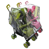 Vafon Aligle twin stroller raincoat from front view provides rain protection and clear visibility.