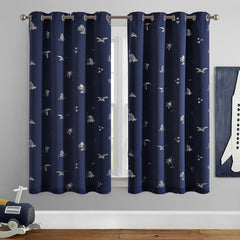 Vangao dinosaur-foil-curtains navy blue in a child's bedroom setup