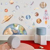 VANGNING space earth-half wall sticker—engaging cosmic learning corner in a child's room.