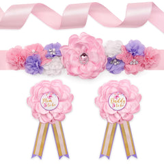 Vansolinne butterfly maternity sash close-up with floral embellishments for a festive baby shower