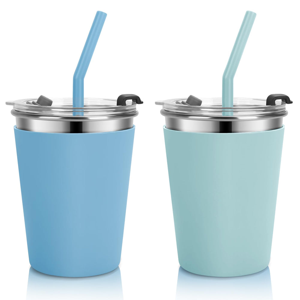 Vermida kids cups with leak-proof lids blue and green for mess-free travel.
