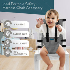 Vevoza Compact Travel High Chair setup on a chair showing quick attachment.