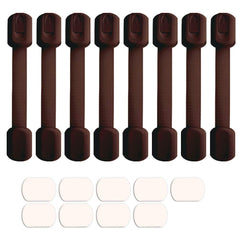 Viaky 8-pack brown cabinet locks mounted on a cabinet door for child safety