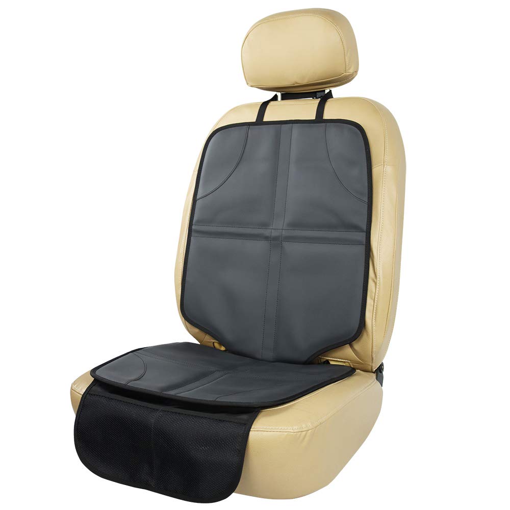 Viaviat leather booster protector front view shows durable waterproof surface for family travel.