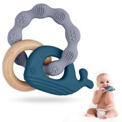 Vicloon baby teether blue closeup shows safe silicone surface for soothing gums.