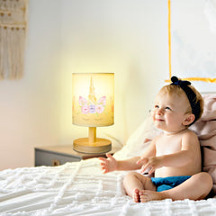 VIHOSE unicorn kids table lamp linen shade closeup showcasing warm cozy glow