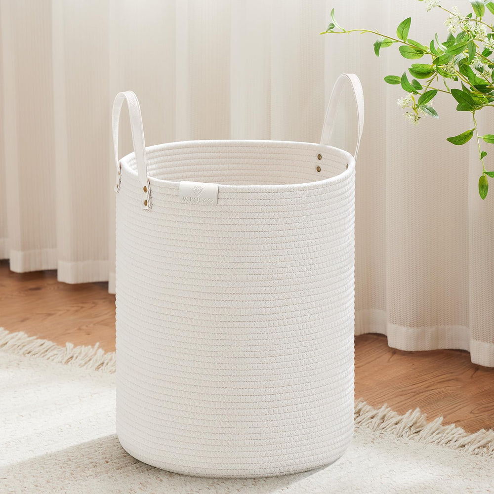 VIPOSCO tall laundry basket with leather handle; easy transport and organized laundry.
