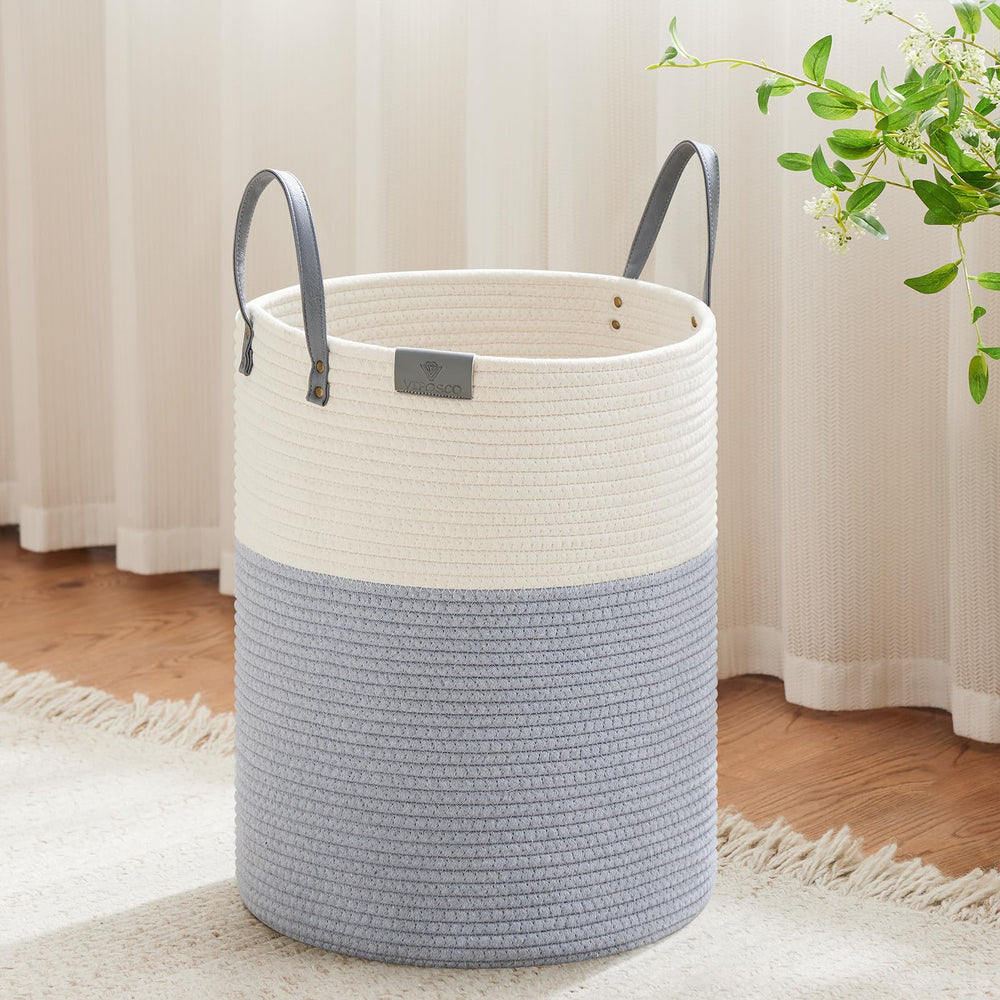 VIPOSCO tall laundry basket with leather handles for easy carrying and organized laundry.