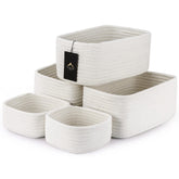 VIRETH HAUS 5-Pack small woven rope baskets in cream on shelf offer quick closet organization.