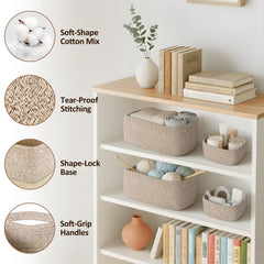 VIRETH HAUS diapers and towels organized in cream baskets on nursery shelf.