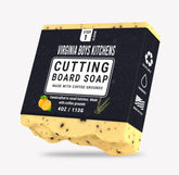 Virginia Boys Kitchens cutting board soap bar closeup highlighting natural oils for board care.