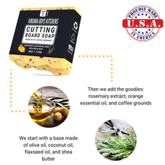 Virginia Boys Kitchens cutting board soap ingredients closeup featuring olive and coconut oils for gentle cleansing.