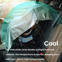 VisionKids sun shade cover installed on a car seat for quick cooling.
