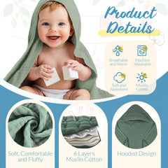 VitalCozy baby hooded towel green 32x32 inches for soft skin and secure wrap