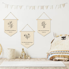 VitalCozy Bible verse canvas flag in living room complements beige decor and enhances ambiance.
