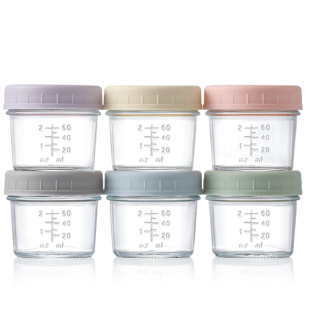 VITEVER 6-pack glass baby food containers with airtight lids keep homemade purees fresh.