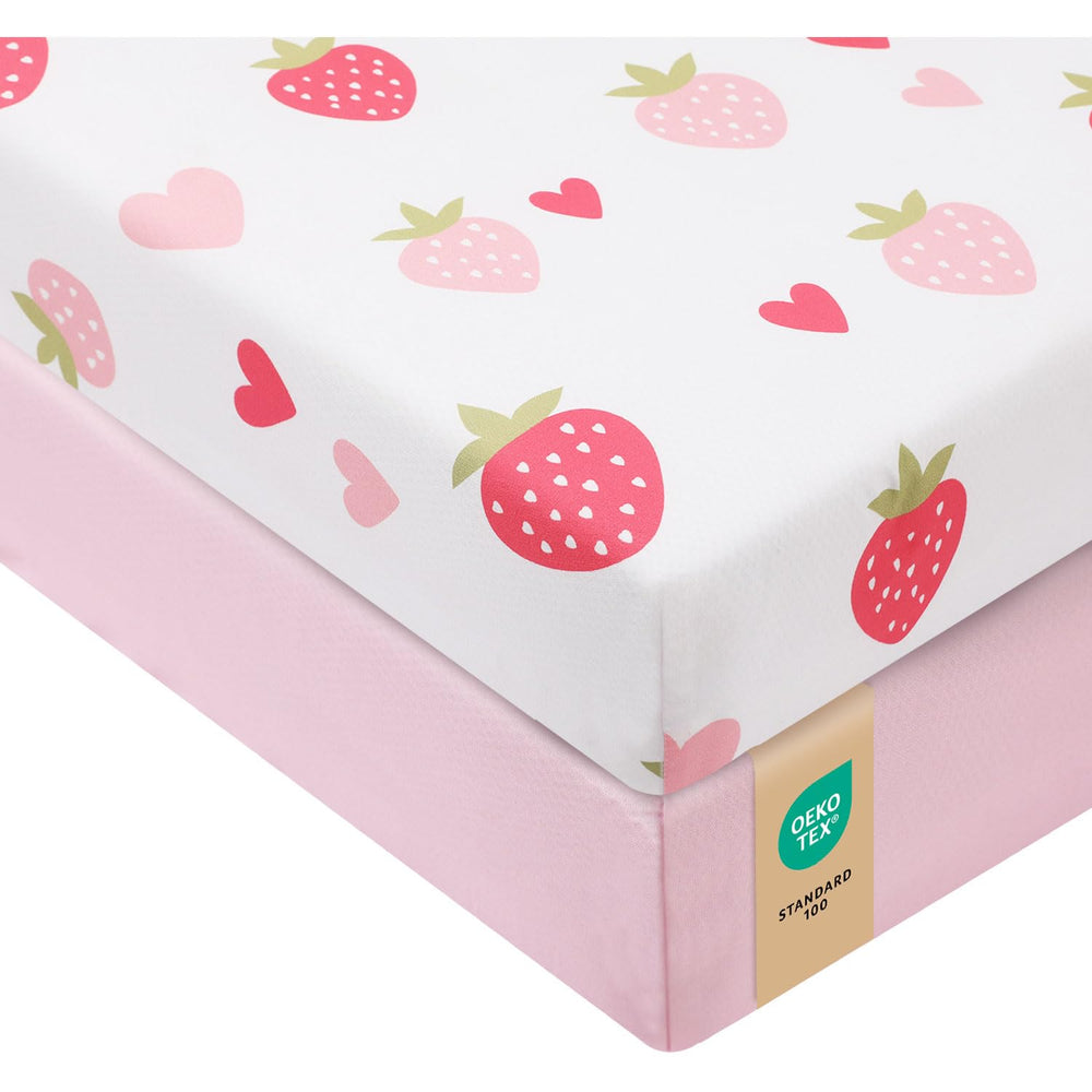 VivaCozy baby crib sheets with strawberry pink design offer soft bedtime comfort.