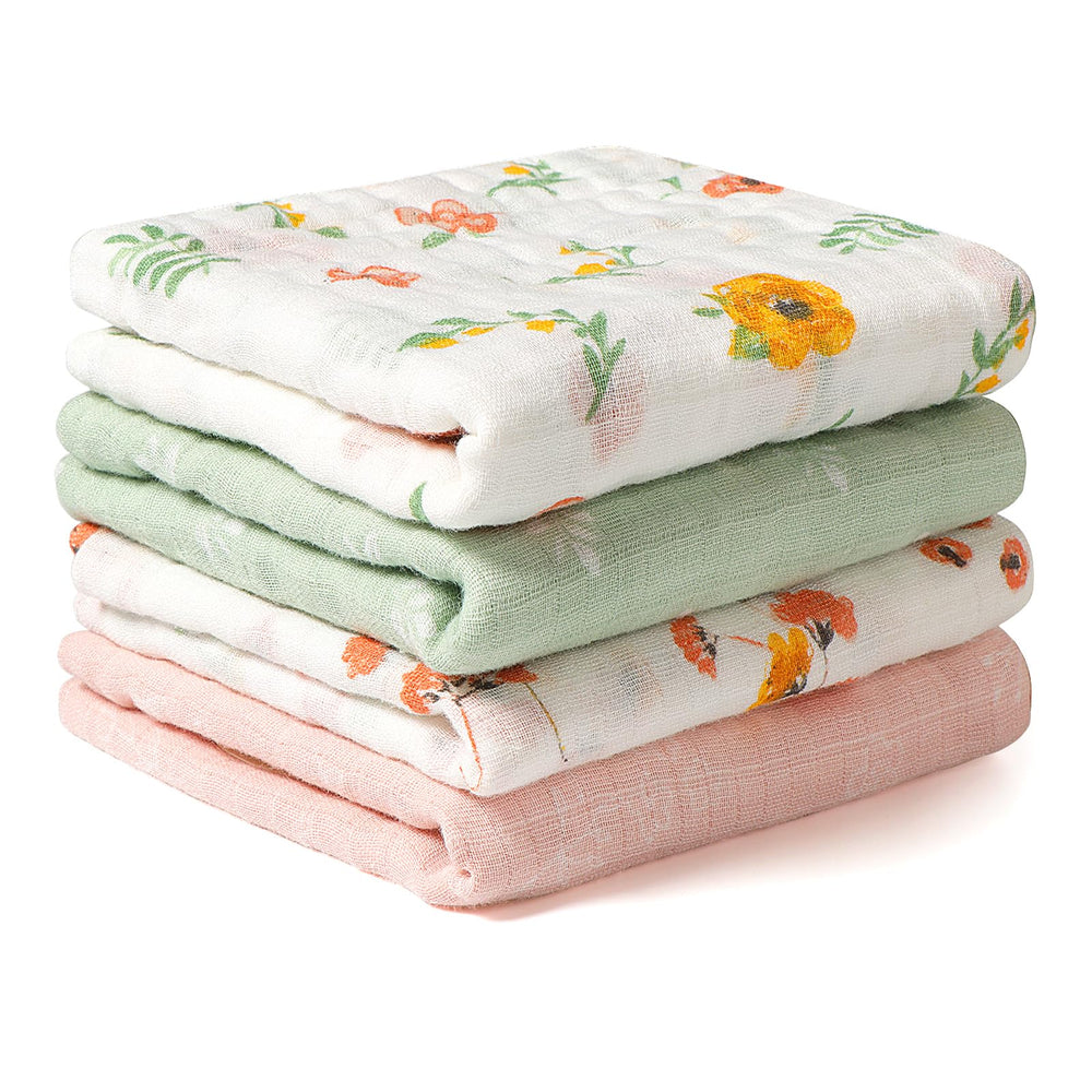 Viviland baby muslin burp cloth with floral pattern offers soft, breathable 100% cotton.