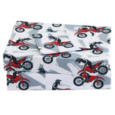 Viviland boys grey twin-sheet set featuring red motorcycle design for a playful kids bed look.
