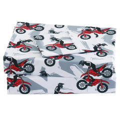 Viviland boys grey twin-sheet set featuring red motorcycle design for a playful kids bed look.