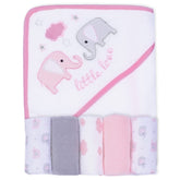 Viviland hooded towel with elephant embroidery in pink for gentle bath time drying