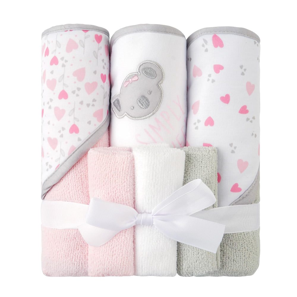 Viviland hooded towel with pink koala design keeps baby cozy after bath.