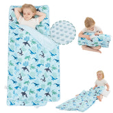 Viviland Toddler Nap Mat with pillow on blue ocean whales print enhances nap-time comfort.