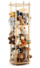 Viyuse stuffed animal zoo storage tower neatly displays jumbo plush in a tall wooden unit, space-saving organization.