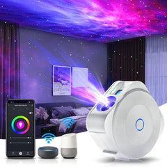 V JULES.V Smart Star Light Projector creates a calming bedroom galaxy scene.