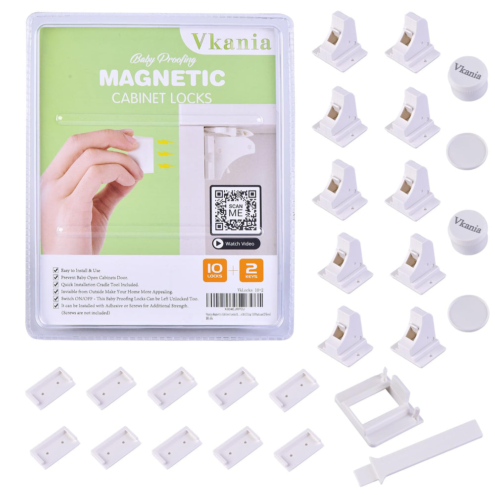 Vkania magnetic cabinet locks packaging shows a 10-pack for easy baby proofing.