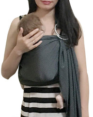 Vlokup baby water ring sling grey worn for secure front carry on the go.