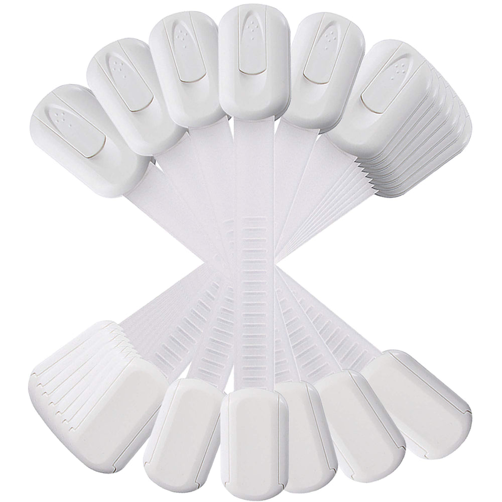 Vmaisi 12-pack adhesive straps lock close-up showing quick-locking design for cabinet safety.