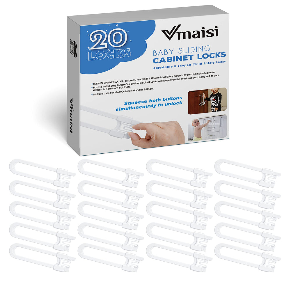 Vmaisi 20-pack U-shaped sliding cabinet locks ready for kitchen and bath safety.