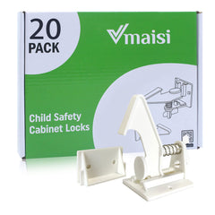 VMAISI cabinet locks 20-pack with strong adhesive for no-drill installation and child safety.