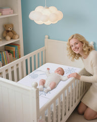 VMFKPNR trifold mattress showing 38x26-3-inch dimensions for standard cribs.