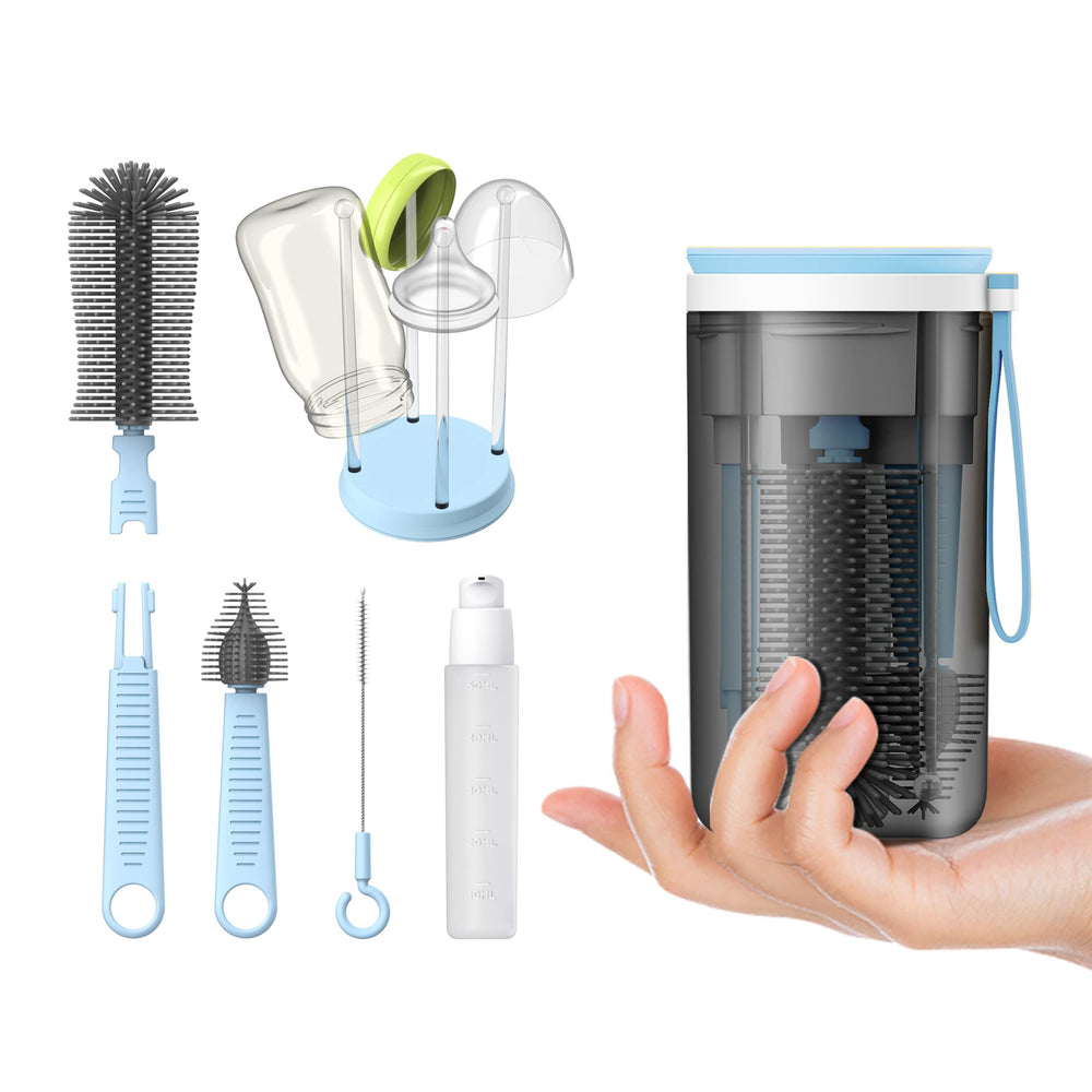 VOGOGE 3-in-1 travel bottle brush in blue for on-the-go cleaning.