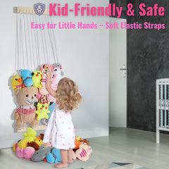 VOMELON corner stuffed animal net in bedroom shows easy storage for plush toys.