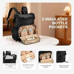 VONAL neoprene diaper bag backpack insulated-bottle-pocket demonstrates convenient bottle storage.